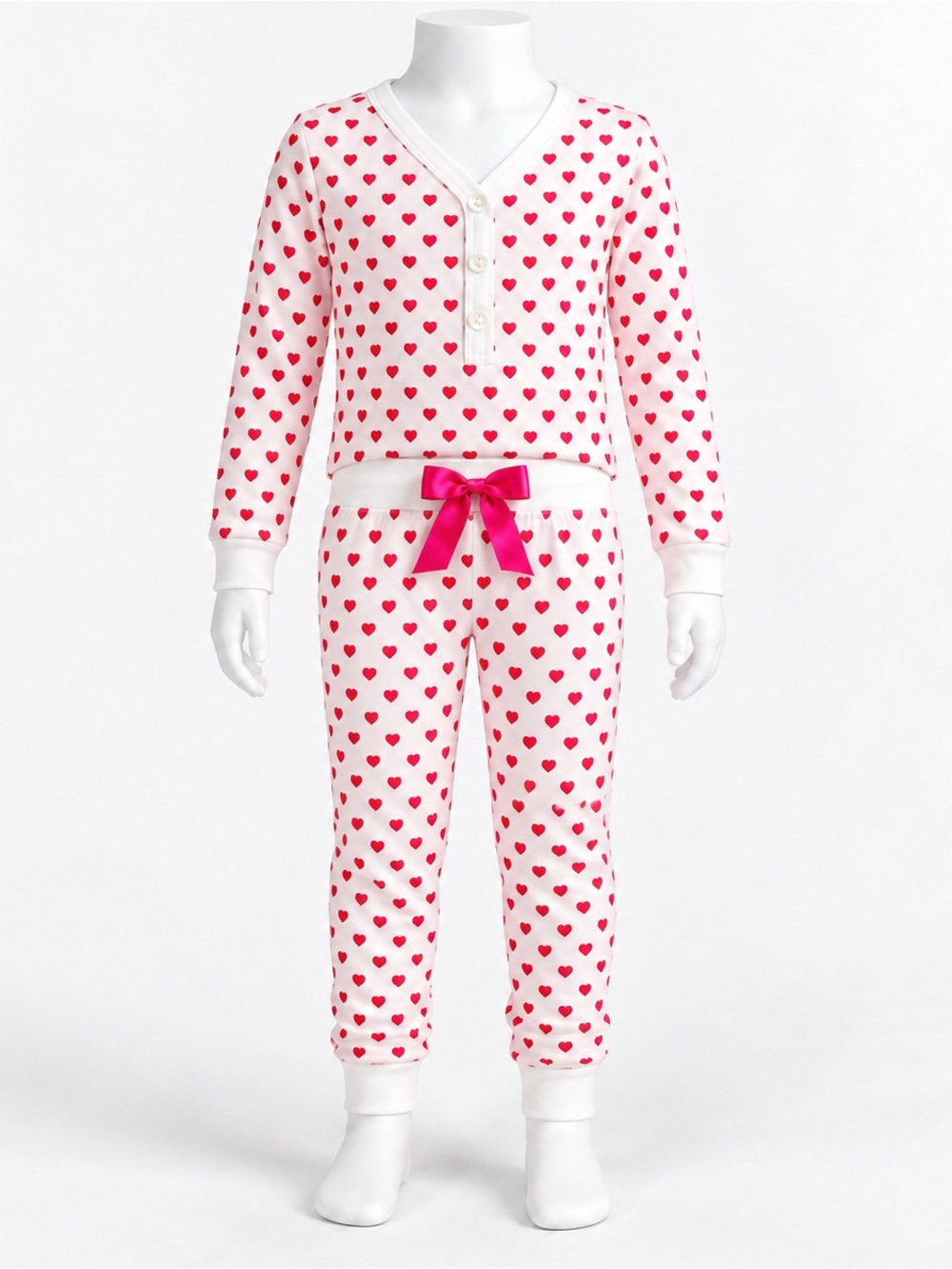 Pink Heart-Print Kids Pajama Set with matching jogger bottoms